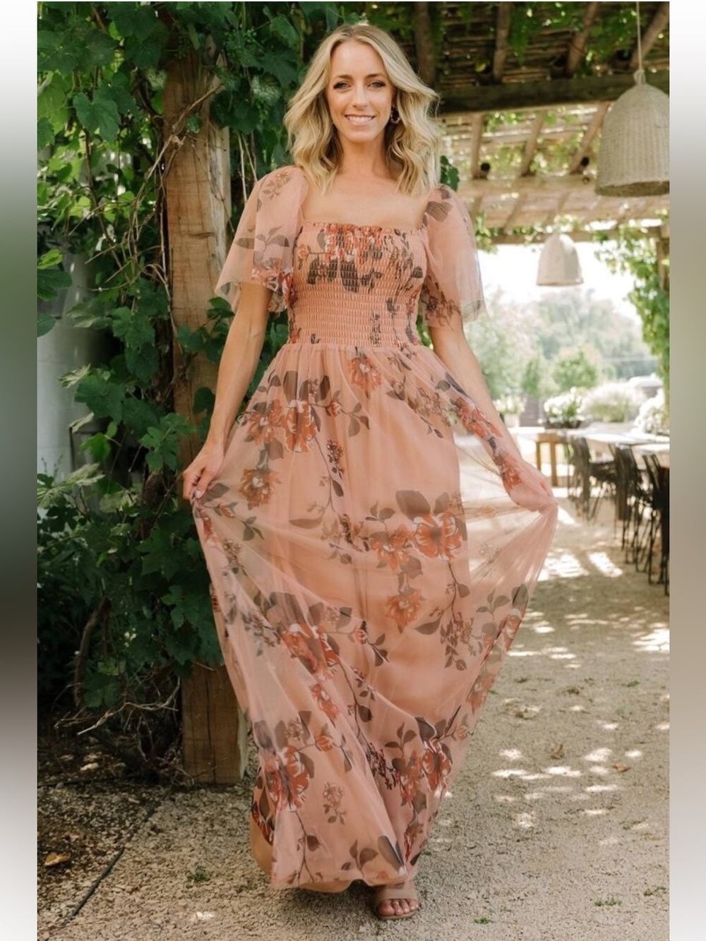 Baltic Born Cassandra Copper Floral Tulle Maxi Smocked Bodice Flutter Sleeves